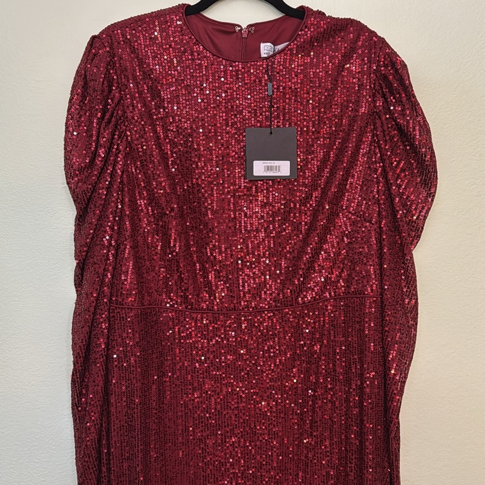 IEENA FOR MAC DUGGAL red wine 16 Sequined High Neck Puff Long Sleeve Column Gown - Picture 4 of 9